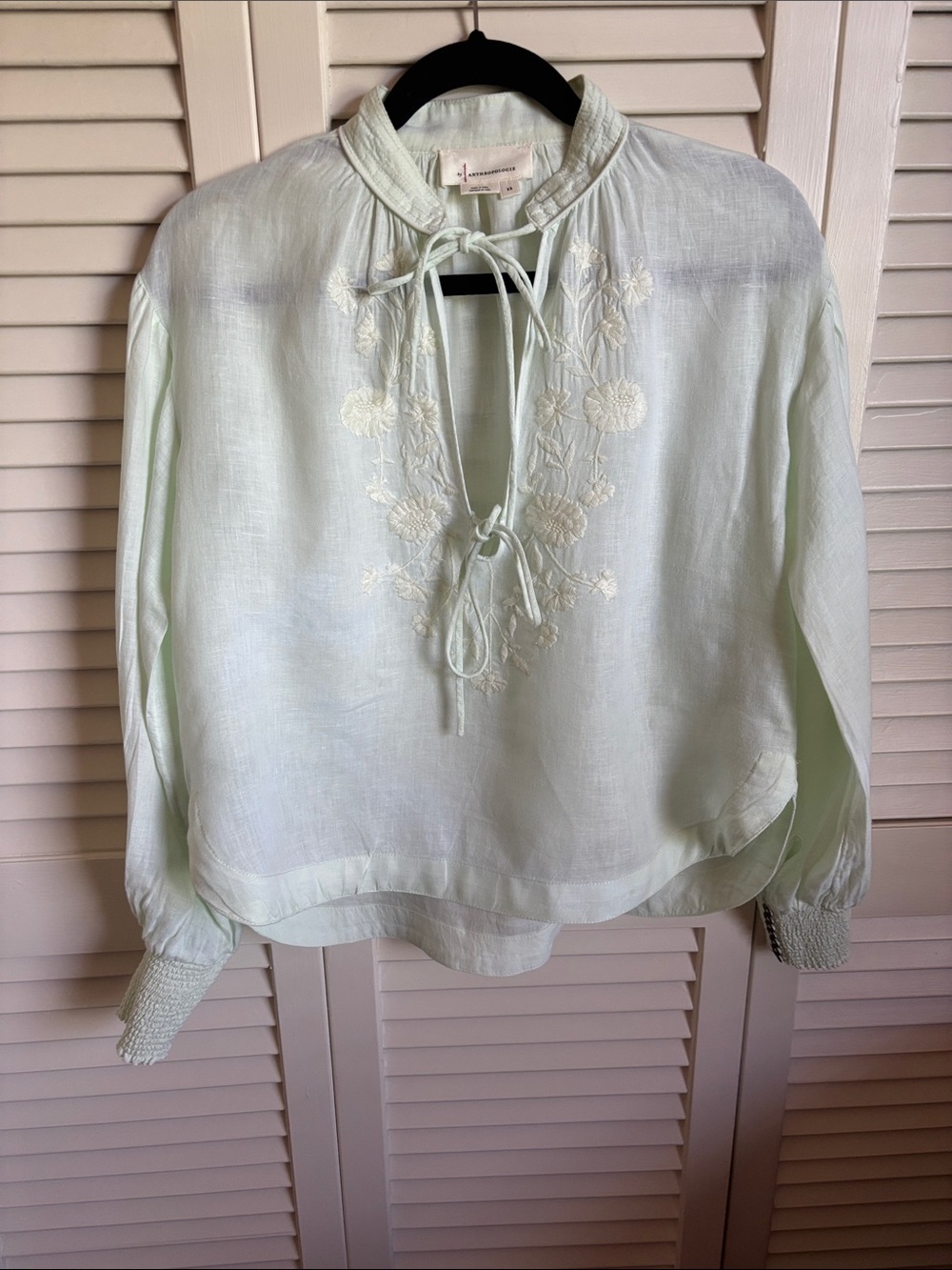 Anthropologie Mint Green Embroidered Tie-Neck Blouse